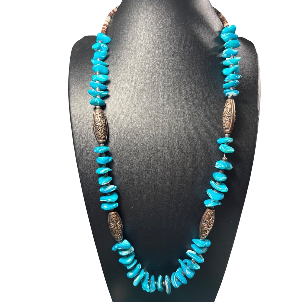 Southwestern‎ Blue Shell Heishi Necklace Copper Floral Spacers Barrel Clasp 20in
